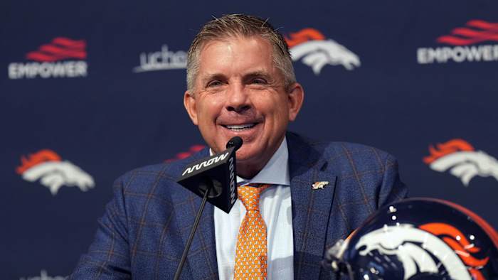 Sean Payton Broncos Smile Podium Ron Chenoy-USA TODAY Sports